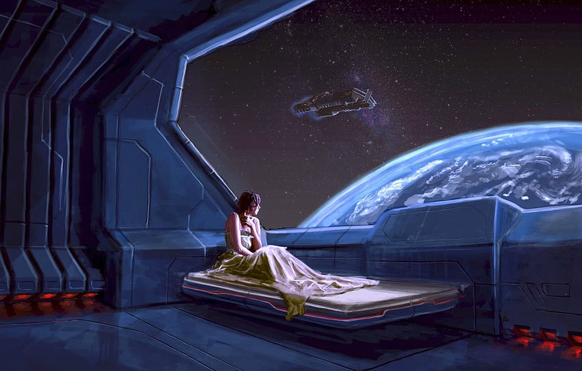gwiazdy, przyszłość, kobieta, statek, planeta, Ziemia, okno, na łóżku, stacja Kosmiczna, sekcja фантастика, przyszła ziemia Tapeta HD