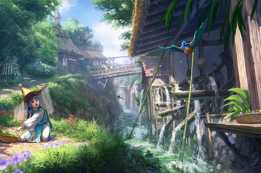 2560x1700 Anime Village, Bridge, Water, Houses, People, Scenic, Calm for Chromebook Pixel HD 월페이퍼