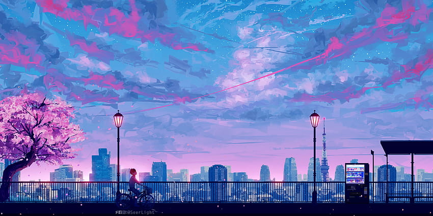siluet bubungan baja, langit biru dan merah muda, lanskap anime putih dan ungu Wallpaper HD