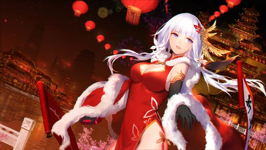 pelo blanco, chicas anime, año nuevo chino, vestido rojo, ilustre, chica anime china fondo de pantalla