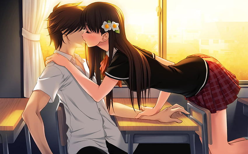 Kobieta całuje postać z anime faceta, para pocałunków anime Tapeta HD