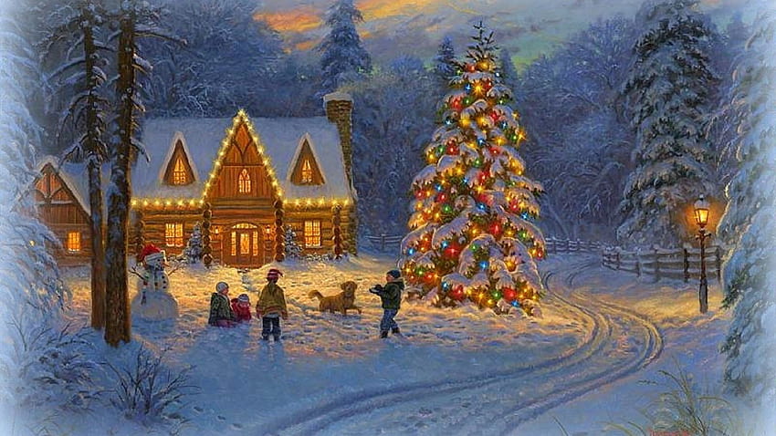 Smoky Mountain Christmas Children Xmas New Year Paintings HD wallpaper