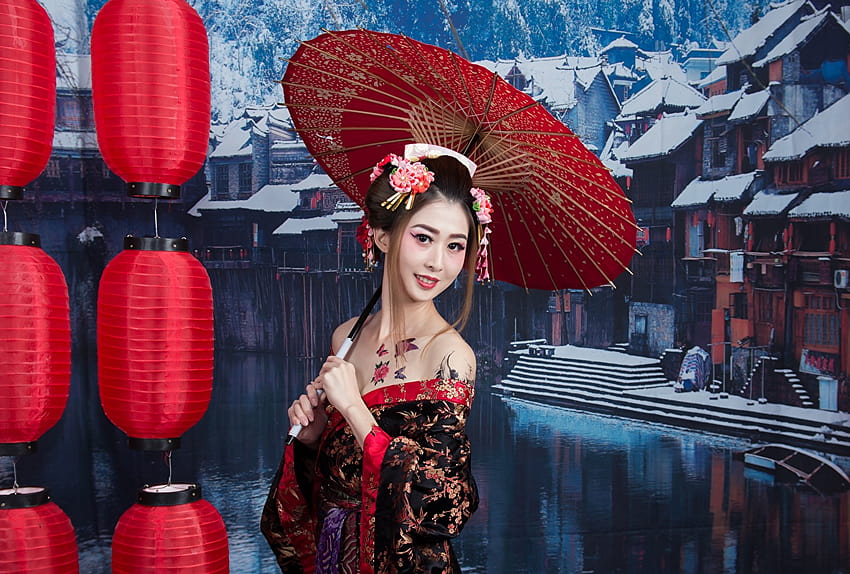 Chica morena Sonrisa Maquillaje Chicas japonesas Paraguas asiático, paraguas de mujeres japonesas fondo de pantalla