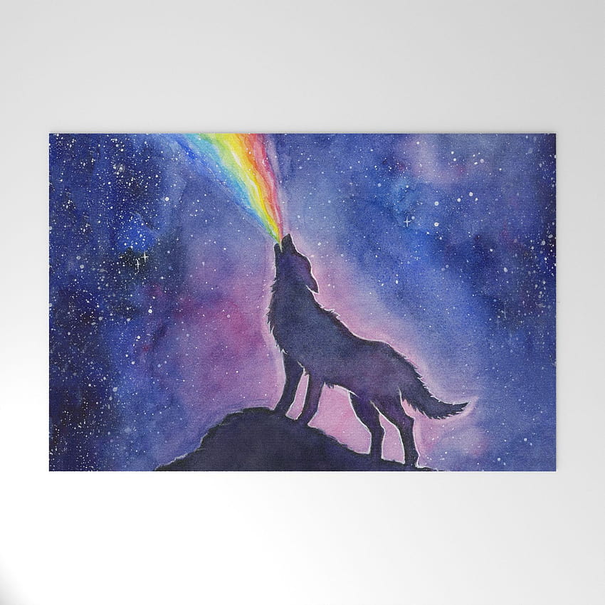 Galaxy Wolf Howling Rainbow Welcome Mat by olechka HD phone wallpaper