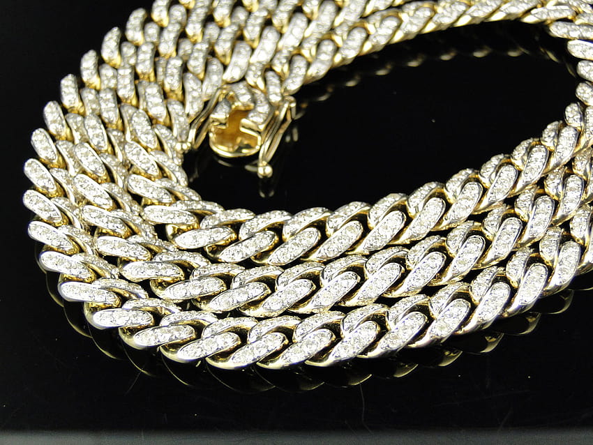 Mens 24,5 CT 10k oro giallo Miami Cuban Link collana di diamanti catena 33 pollici Sfondo HD