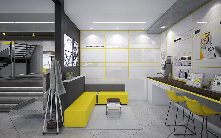 escritório, interior elegante, interior do escritório, sofá amarelo, design moderno, ideia interior com resolução 2880x1800. Alta qualidade papel de parede HD