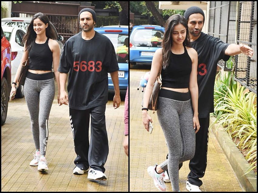 : Kartik Aaryan and Ananya Panday papped twinning in black as they walk out of their dance class HD wallpaper