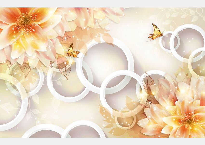 3D, flor de loto naranja, mariposas y círculos, mezcla de rosa de loto fondo de pantalla