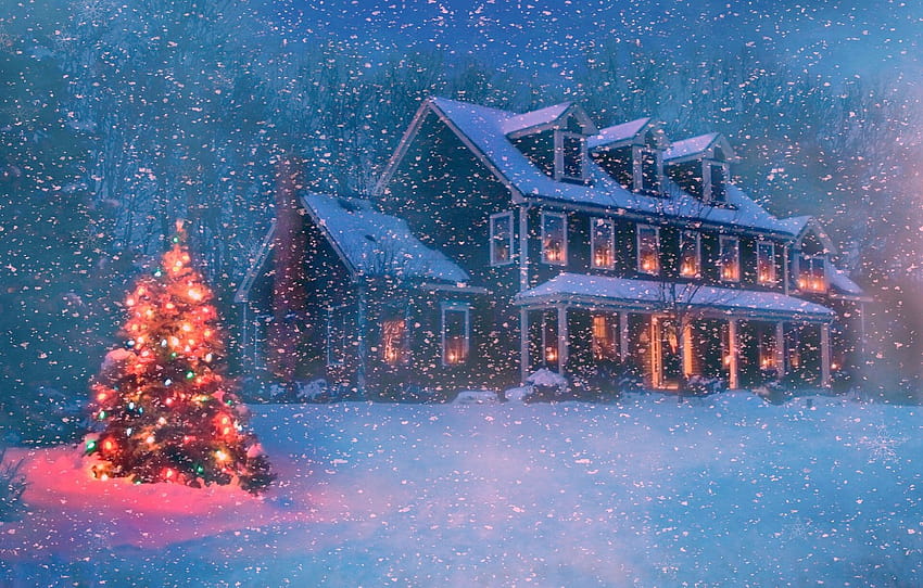 invierno, bosque, nieve, árboles, copos de nieve, noche, luces, casa, año nuevo, navidad, arte, árbol, sección новый год, bosque de invierno navidad fondo de pantalla