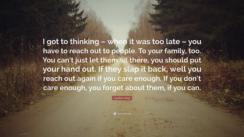 Cynthia Voigt Quote: “I got to thinking – when it was too late – you have to reach out to people. To your family, too. You can't just let them...”, i reach out to someone HD wallpaper
