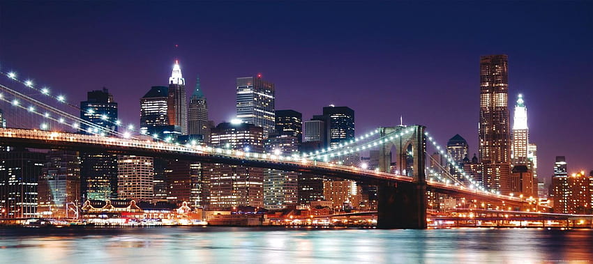 Wall mural Brooklyn Bridge night illuminated New York NYC 90 cm x 202 ...