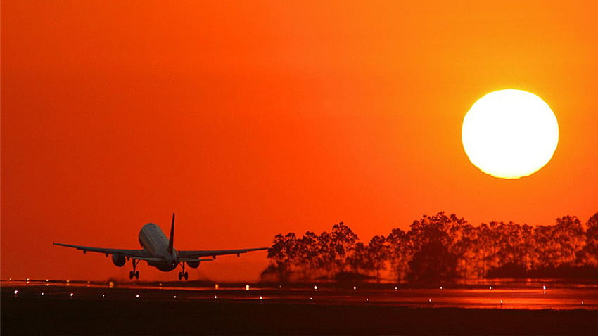 Pesawat Dengan Matahari Terbenam Sempurna, pesawat lepas landas Wallpaper HD