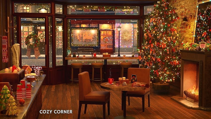 Przytulna świąteczna atmosfera kawiarni z gładkim instrumentalnym bożonarodzeniowym... Tapeta HD