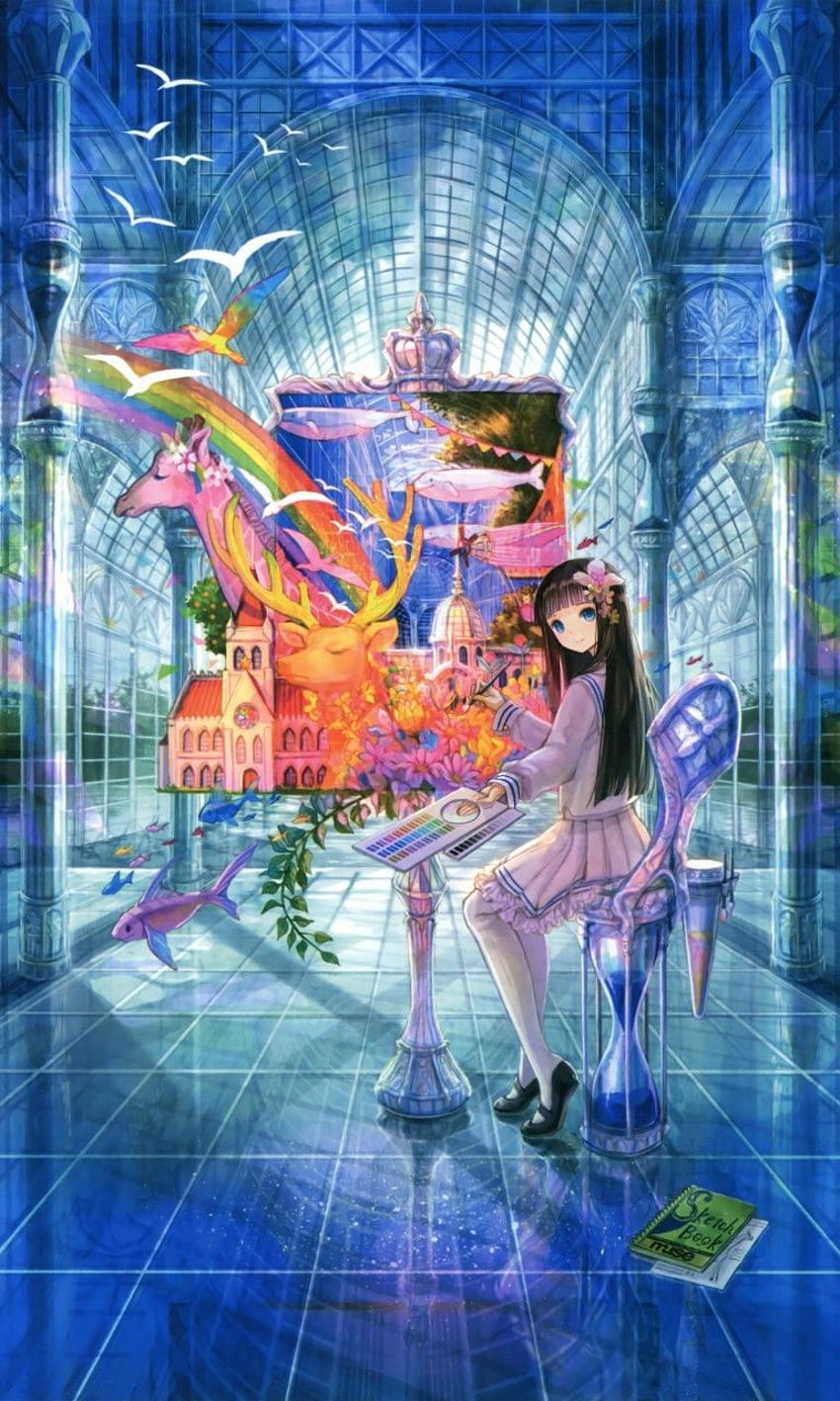 768x1280 Anime Girl, Painting, Sitting, Building, Abstract, Rainbow, Castle, Deer, Birds for Galaxy SIV,Nokia Lumia 900,925,1020, Acer Picasso HD phone wallpaper