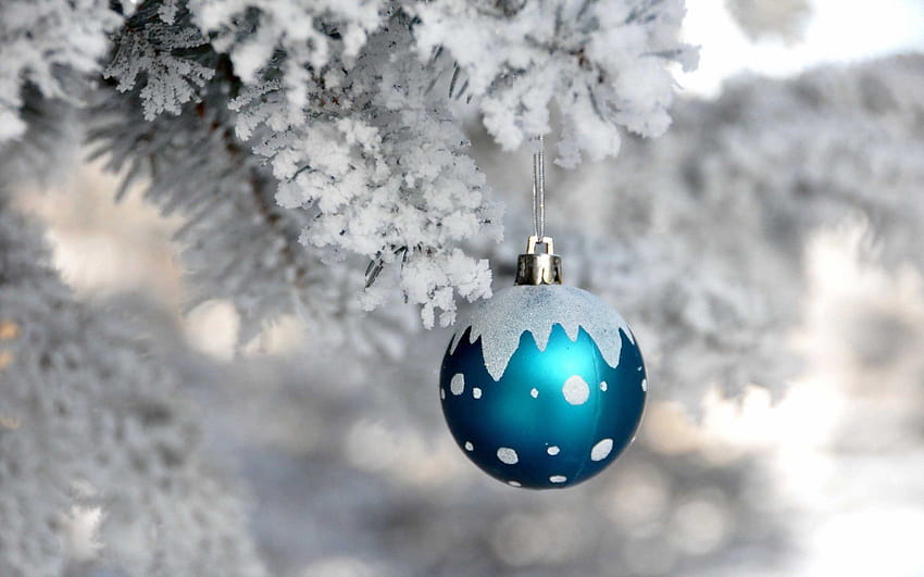 Palle di Natale blu in ghiaccio congelato, alberi di Natale di neve Sfondo HD