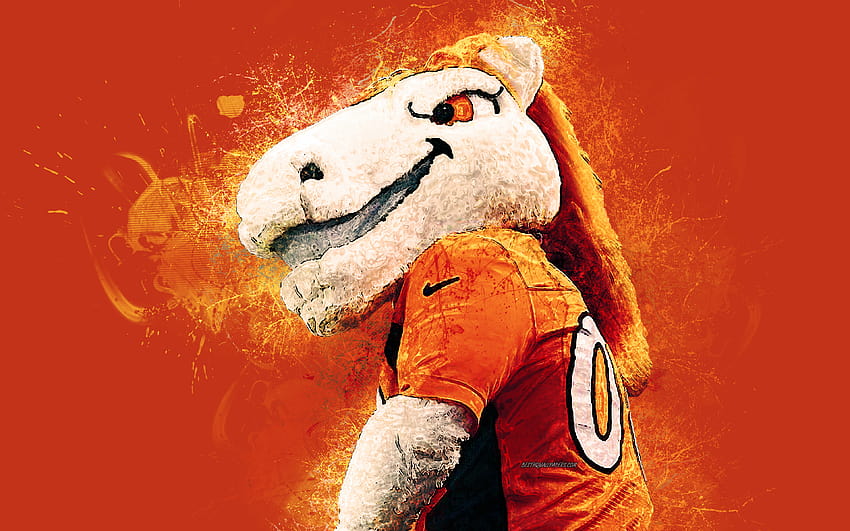 Miles, offizielles Maskottchen, Denver Broncos, Kunst, NFL, USA, Grunge-Kunst, Symbol, orangefarbener Hintergrund, Farbkunst, National Football League, orangefarbenes Pferd, NFL-Maskottchen, Denver Broncos-Maskottchen mit Auflösung, Fußballmaskottchen HD-Hintergrundbild