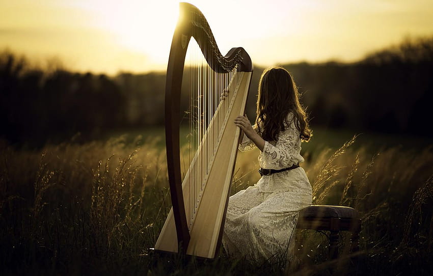 dziewczyna, światło, harfa , sekcja музыка Tapeta HD