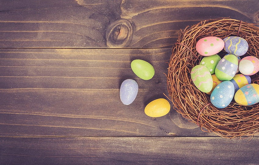 Великден, Яйца, гнездо, Празник, дървени фонове, раздел празници, великденско дърво HD тапет