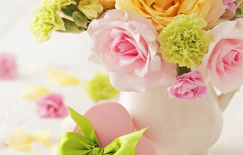 love, flowers, heart, roses, bouquet, vase, gentle, delicate pastels HD wallpaper