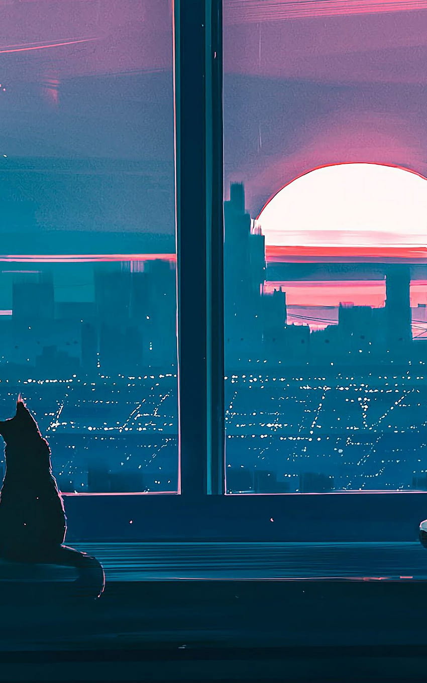 Anime Girl Cat City Scenery 145 [1242x2688] for your , Mobile & Tablet, anime aesthetic cat HD phone wallpaper