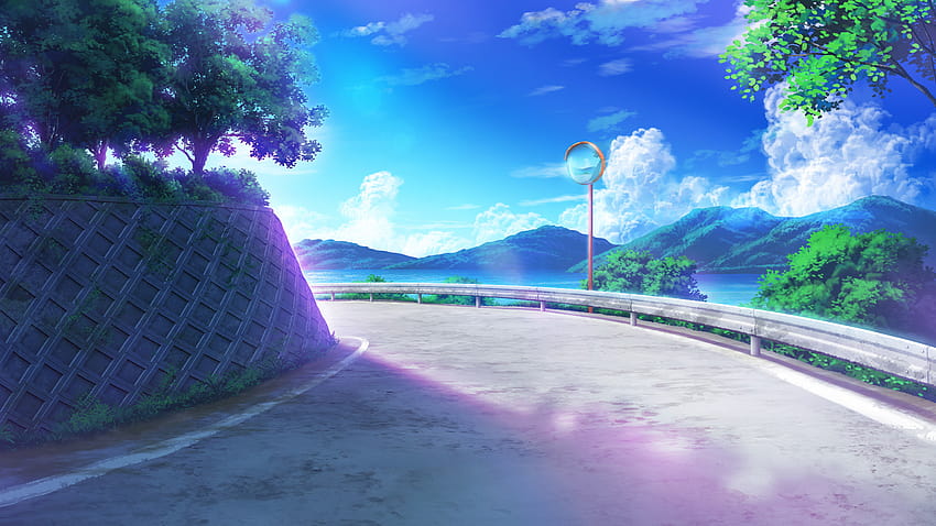 : anime, 2D, artwork, digital art, moescape, clouds, trees, sky, mountains 1920x1080, mountain anime HD wallpaper