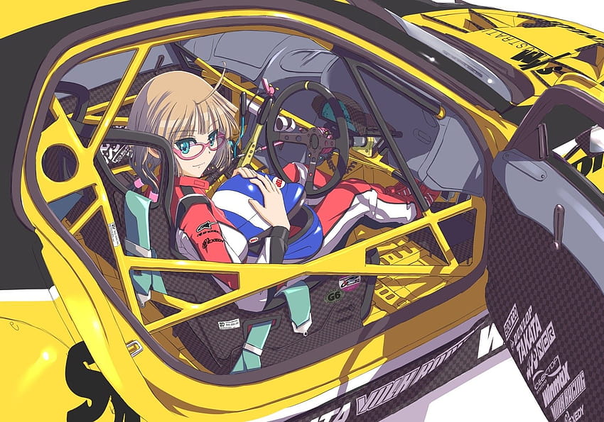 cars, glasses, brown, meganekko, anime, aqua eyes, anime girls, anime car HD wallpaper