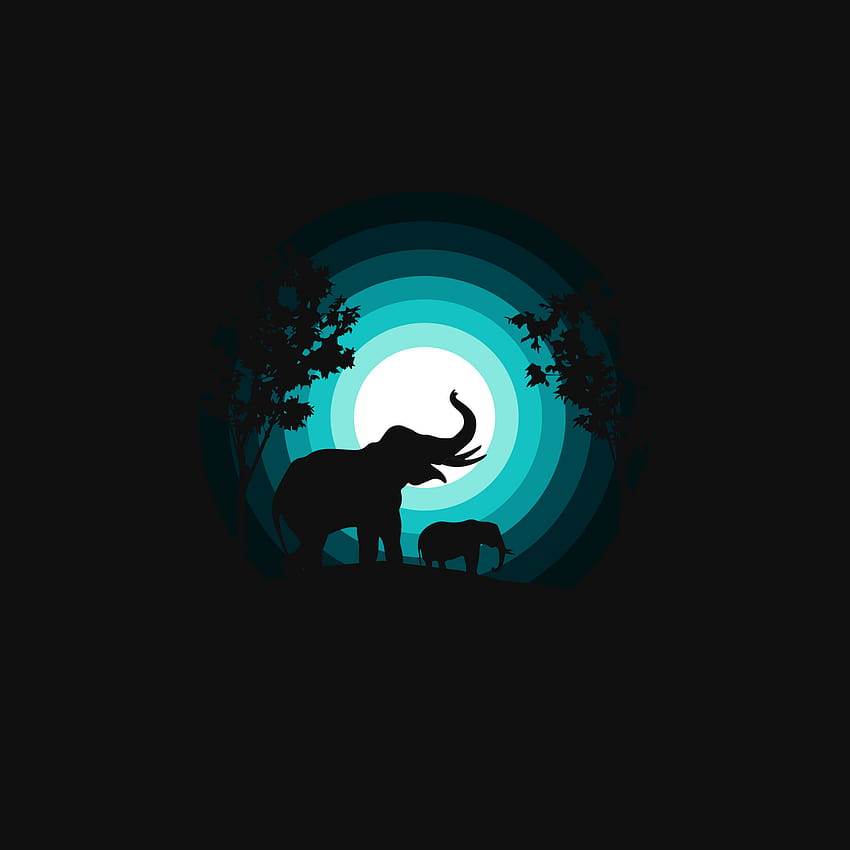 Elephant , cub, Silhouette, Night, Teal, Black background, Black /Dark, dark teal HD phone wallpaper