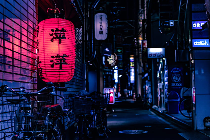 5210169 / 6000x4000 ville, japonais, rose, brillant, japon, urbain, bicyclette, néon, asiatique, lumière, paysage, asium, nuit, fond, ruelle, réflexion, kyoto, sombre, vélo, lanterne, ville japonaise néon anime Fond d'écran HD