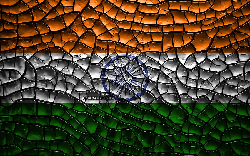 Bandiera dell'India, terra screpolata, Asia, bandiera indiana, arte 3D, India, paesi asiatici, simboli nazionali, bandiera India 3D con risoluzione 3840x2400. Alta qualità Sfondo HD