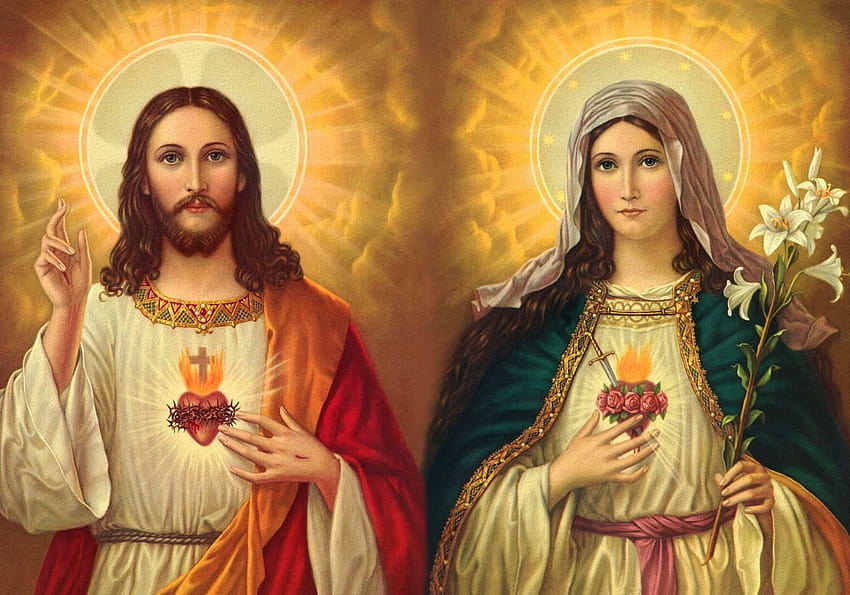 Jesus and Mary POSTER A2 print Sacred Heart of Jesus and Virgin Mary painting Religious Artwork Catholic Christian Holy Wall Art Decor for Home Room : Handmade Products HD wallpaper