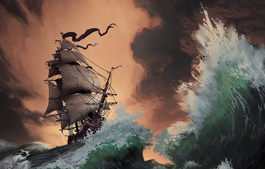 Meer, Welle, Sturm, Schiff, Sturm, Segelboot, Piraten, Segel, Segelbootgrafik HD-Hintergrundbild