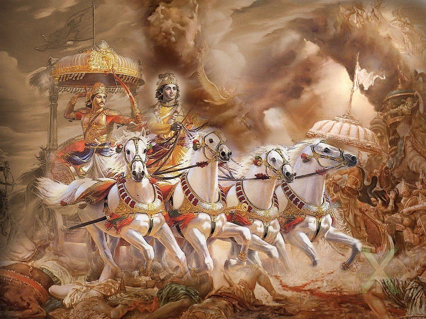 インドの芸術、クリシュナ卿とアルジュナ 高画質の壁紙