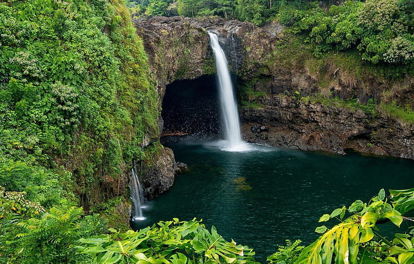 зеленина, скала, тропици, камъни, водопад, Хавай, Хило, Wailuku River State Park, раздел природа, хавайска пролет HD тапет
