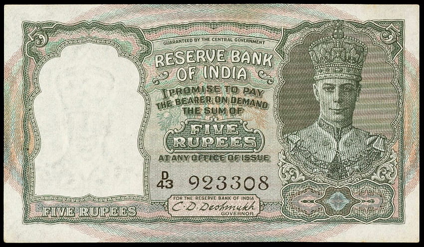 イギリス領インド 5 ルピー紙幣 1943 年 キング ジョージ 6 世、インド準備銀行 高画質の壁紙