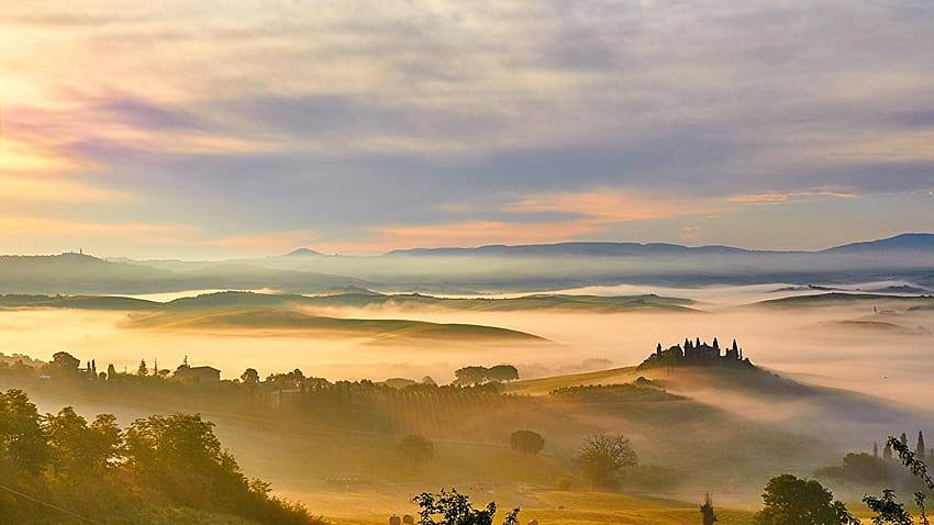 Tuscany Italy Fog Nature Sky Hill Fields Meadow Scenery, italy hills HD wallpaper