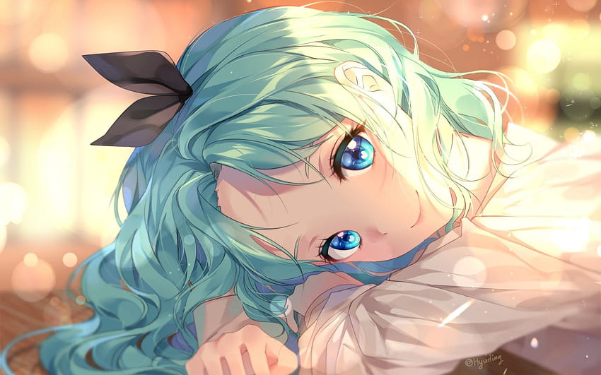 2560x1600 Anime Girl, Resting, Aqua Hair, Cute, Ribbon, Blue Eyes for MacBook Pro 13 inch HD wallpaper
