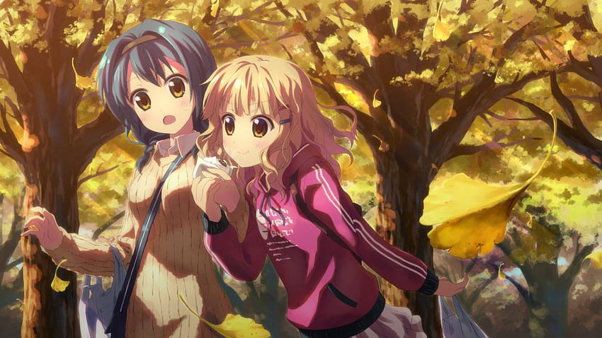 Anime Mädchen Herbst blaue Haare erröten braune Haare essen Haarband Haarnadeln glückliche Jacke lange Haare kurze Haare überrascht Schweißtropfen gelbe Augen, Herbst brauner Anime HD-Hintergrundbild