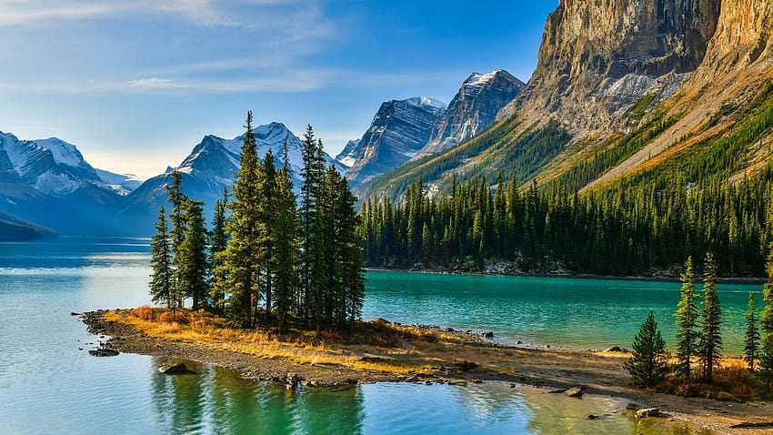 A melhor viagem de carro de Alberta: a majestosa montanha do Canadá, o Spirit Island Jasper National Park papel de parede HD