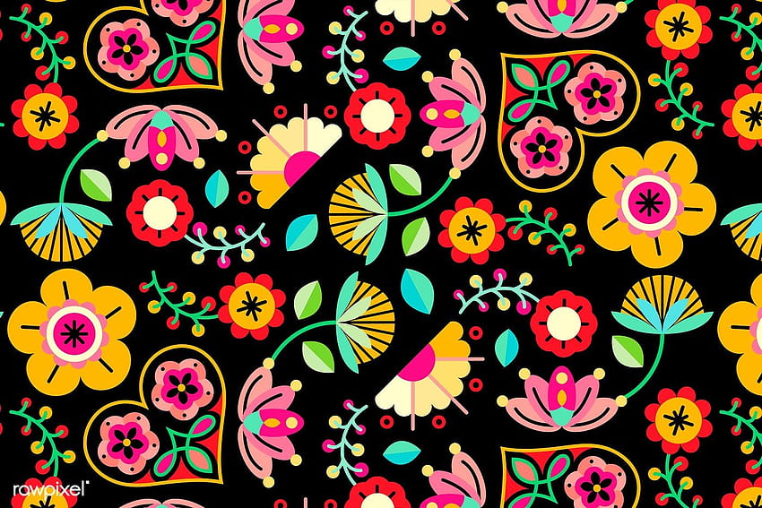 premium vector of Flowers folk art patterned on black, embroidery HD wallpaper