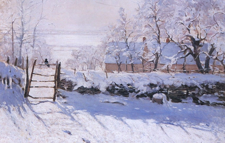 winter, snow, landscape, bird, Claude Monet, Forty, The Walk , section живопись, snowy winter walk HD wallpaper