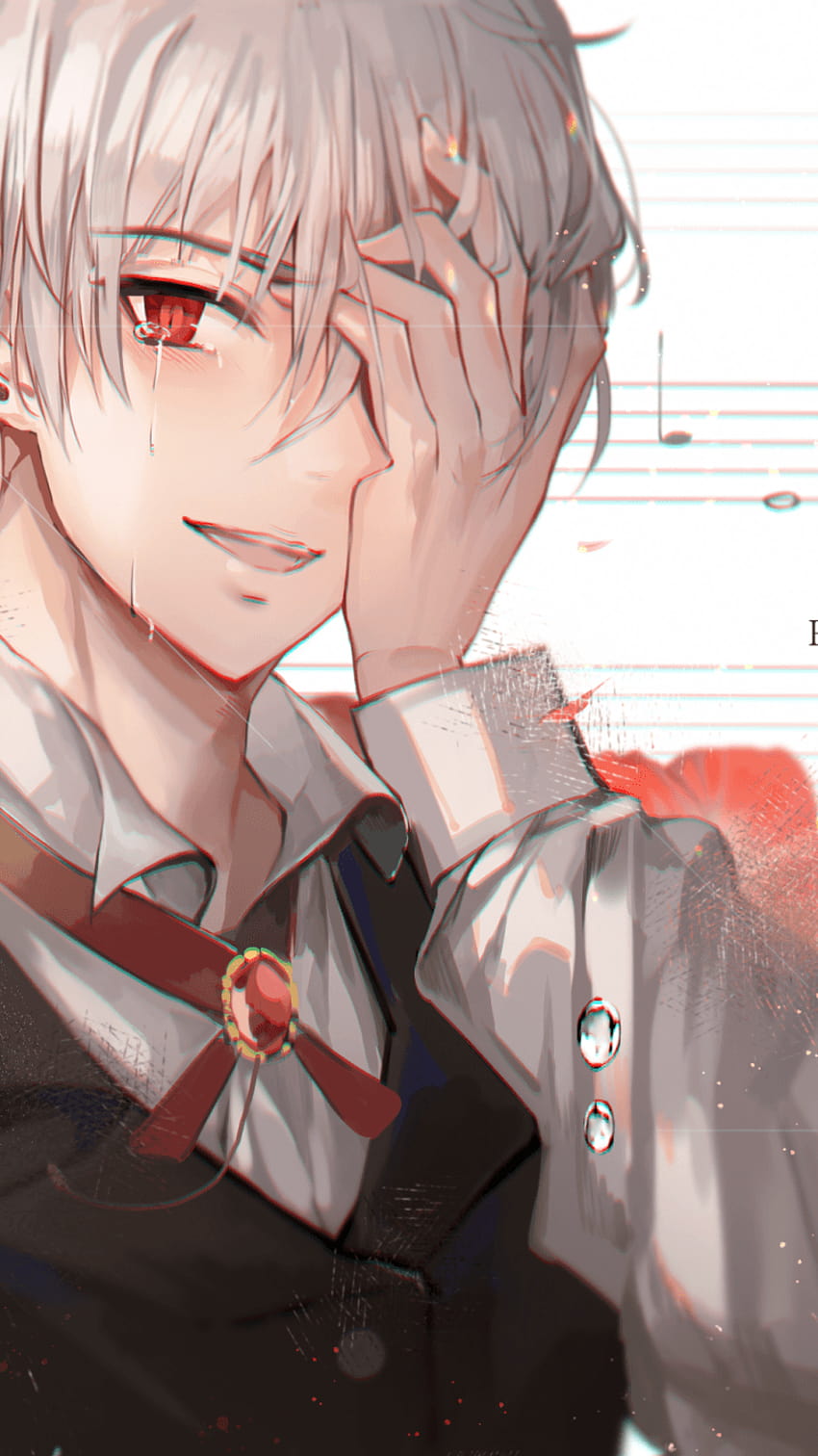 750x1334 Anime Boy, Weinen, Rote Augen, Tränen, Weiß, Lächeln, Weinen Anime Boy HD-Handy-Hintergrundbild