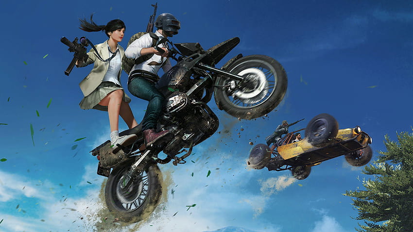 Gracz PUBG na rowerze z dziewczyną z bronią, pubg girl Tapeta HD