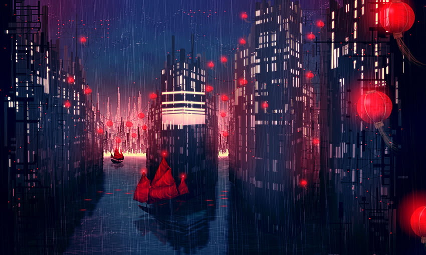 Anime City Rain, anime scenery night HD wallpaper