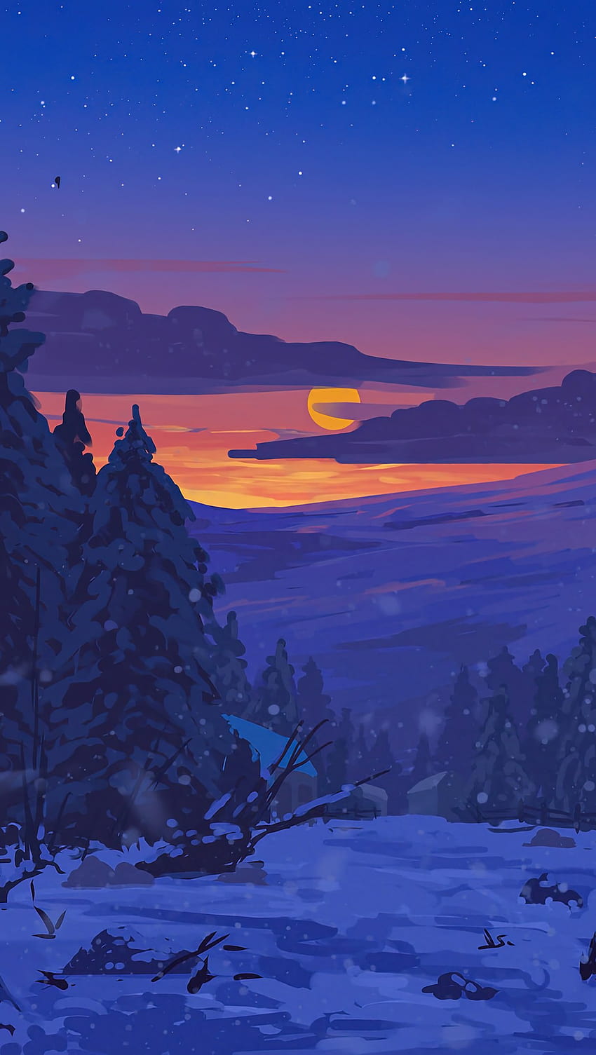 Sonnenuntergang in verschneiter Landschaft Digital Art Ultra ID:7306, digitale Landschaftskunst HD-Handy-Hintergrundbild