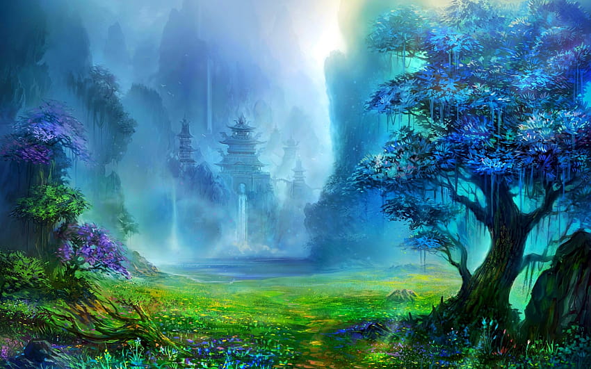 Arte de fantasía, pagoda, arquitectura asiática, árboles, cascada, obras de arte, montaña, arte digital, naturaleza, paisaje, agua y s móviles, paisajes de primavera fantasía fondo de pantalla