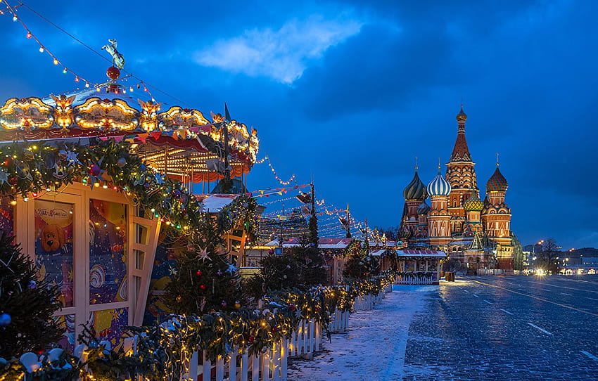 Moscow Russia Christmas Town square St. Basil's Cathedral, christmas cathedral HD wallpaper