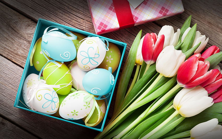 Easter eggs, bouquet of tulips, spring flowers, Easter background, spring, Easter, wooden backgrounds with resolution 1920x1200. High Quality, spring and easter HD wallpaper