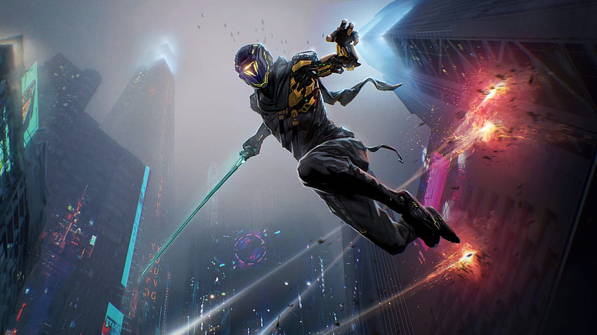 : Ghostrunner, gry wideo, cyberpunk, science fiction, katana, broń, futurystyczny, cyborg, Ninja, postacie z gier wideo, światła neonowe, grafika, sztuka cyfrowa, 2D, grafika koncepcyjna, wieża, skoki 5120x2880, neon ninja Tapeta HD