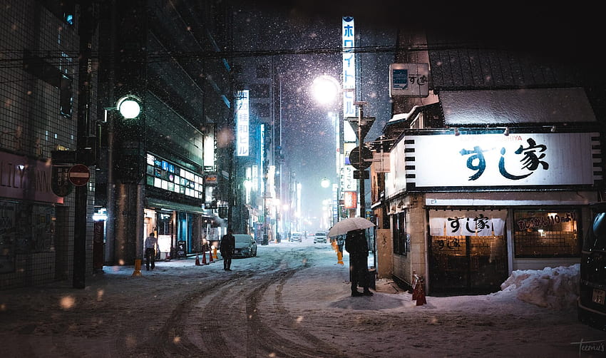 Una notte d'inverno a Sapporo in Giappone, notte d'inverno estetica Sfondo HD
