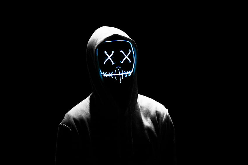Man , LED mask, Anonymous, Black background, AMOLED, Hoodie, graphy, black anonymous HD wallpaper